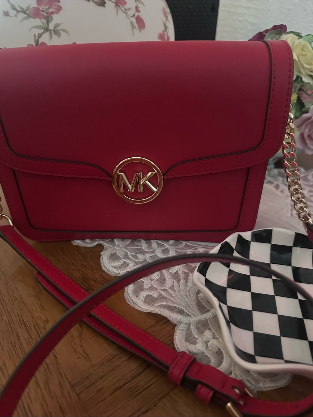 Michael Kors Red Saffiano MK Circle Logo Crossbody